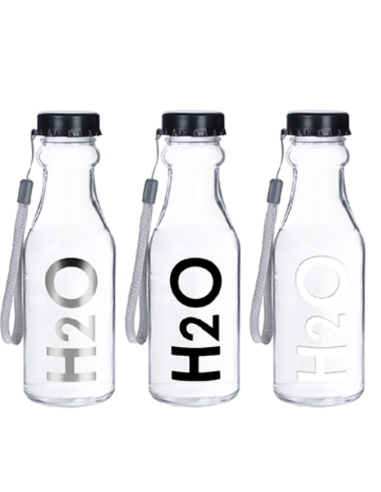 H2O decorated transparent glass water bottle 420 ml 20.5x6.8x6.8cm